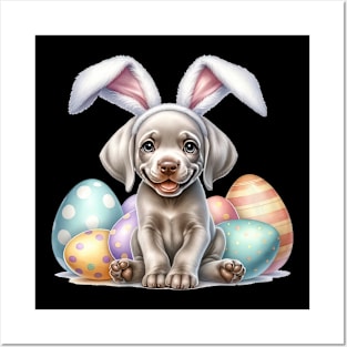 Puppy Weimaraner Bunny Ears Easter Eggs Happy Easter Day Posters and Art